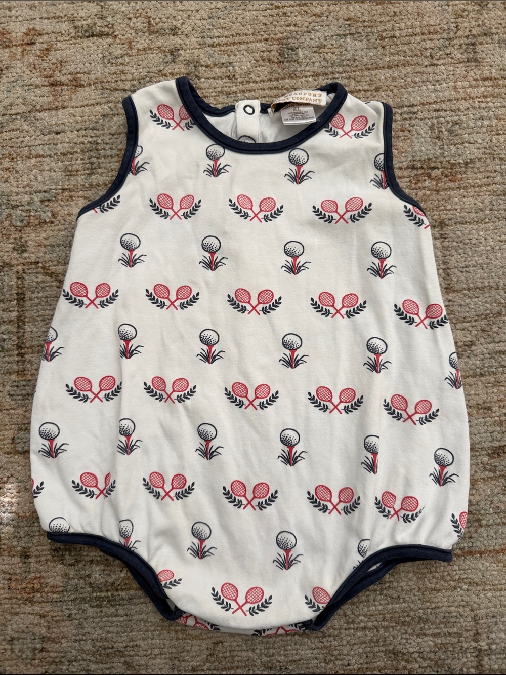 The Beaufort Bonnet Company White Romper with Red and Navy Tennis Motif